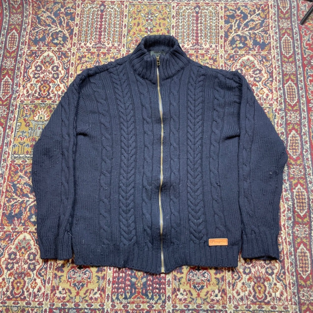 Peregrine Mens XL Navy Blue Cable Knit Full Zip Wool Cardigan Made in England